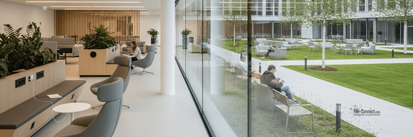 Hohe Aufenthaltsqualität in Innen- und Außenbereichen des Campus