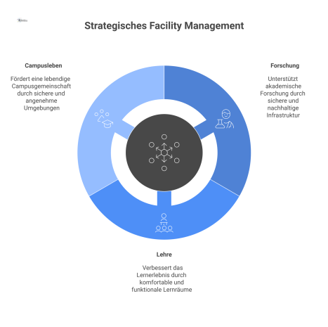 Infografik, die zeigt, wie strategisches Facility Management als Partner die Bereiche Forschung, Lehre und Campusleben einer Universität unterstützt.