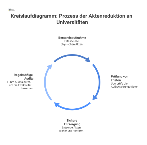 Kreislaufdiagramm zum kollaborativen Prozess der Aktenreduktion, das die Schritte Bestandsaufnahme, Prüfung, Entsorgung und Audits durch die beteiligten Abteilungen zeigt.