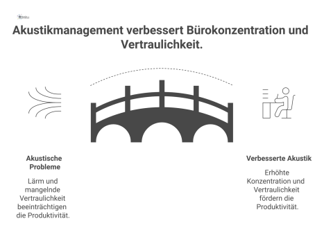 Infografik über zwei Lösungswege für Akustikprobleme im Büro: bauliche Maßnahmen wie Paneele und organisatorische Maßnahmen wie Zonenplanung. 