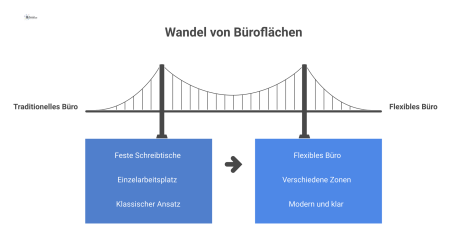 Infografik, die ein klassisches Büro mit festen Schreibtischen einem flexiblen Büro mit Fokus-, Kollaborations-, Besprechungs- und Ruheräumen gegenüberstellt. 