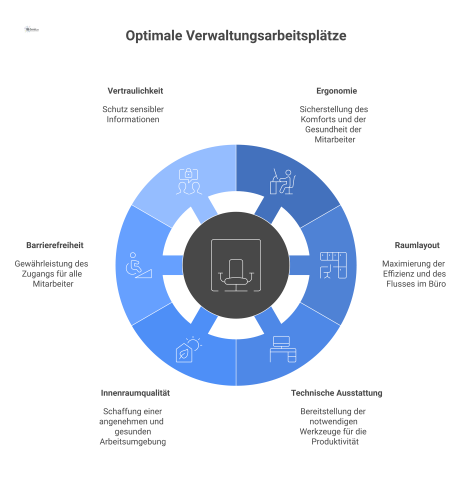 Infografik zeigt den optimalen Verwaltungsarbeitsplatz mit den Kernanforderungen Ergonomie, Raumlayout, technische Ausstattung, Innenraumqualität, Barrierefreiheit und Vertraulichkeit.