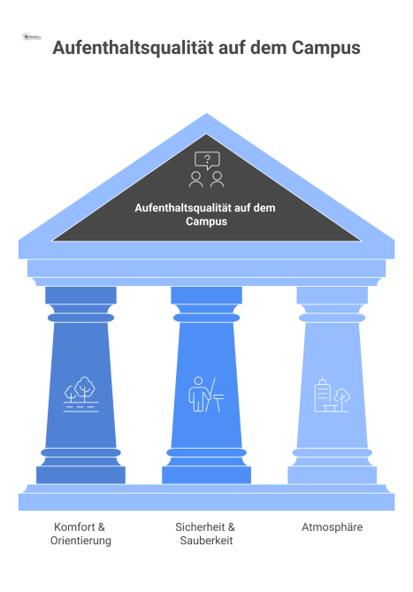 Infografik über die Aufenthaltsqualität auf einem Campus, unterteilt in die drei Säulen Komfort, Sicherheit und Atmosphäre mit passenden Icons. 