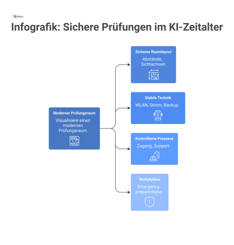 Infografik eines modernen Prüfungsraums mit Icons für sicheres Layout, stabile Technik, kontrollierte Prozesse und Notfallpläne. 