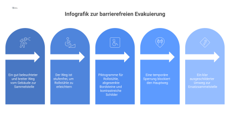 Infografik eines barrierefreien Evakuierungswegs, der durch eine Baustelle blockiert ist. Ein ausgeschilderter Umweg führt zu einer Ersatzsammelstelle. 