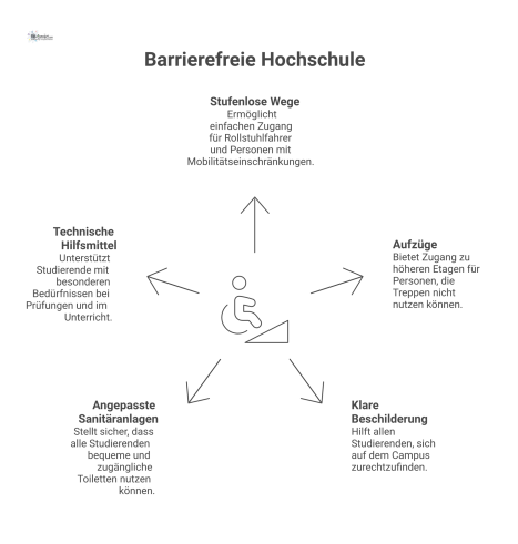 Infografik zur barrierefreien Hochschule mit Icons für stufenlose Wege, Aufzüge, Beschilderung, Sanitäranlagen und technische Hilfsmittel für Prüfungen.