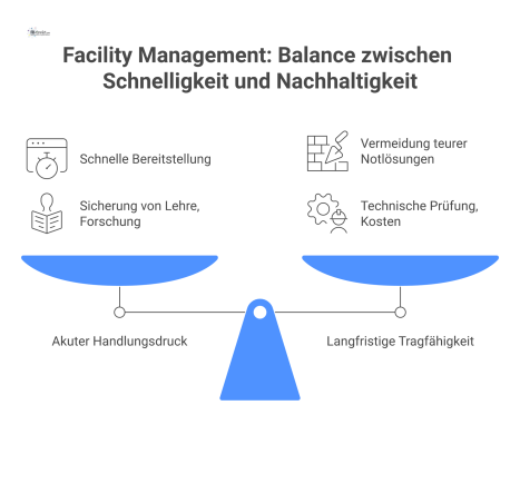 Eine Waage, die den Entscheidungsprozess des Facility Managements darstellt und akuten Handlungsdruck gegen langfristige Tragfähigkeit abwägt. 