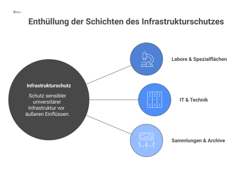 Infografik, die den Schutz sensibler universitärer Infrastruktur in den Bereichen Labore, IT und Sammlungen vor äußeren Einflüssen darstellt.
