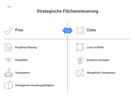 Infografik, die einen starren, chaotischen Campus einem flexiblen, transparenten und proaktiv geplanten Campus gegenüberstellt, um den Nutzen strategischer Flächensteuerung zu zeigen.
