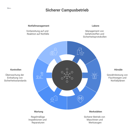  Infografik, die zeigt, wie ein zentraler Hub „Betreiberverantwortung“ die Risiken diverser Campusbereiche wie Labore, Hörsäle und Werkstätten bündelt. 
