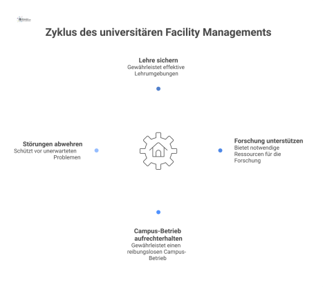Infografik zeigt universitäres Facility Management im Zentrum, das Lehre, Forschung und Campus sichert und Störungen durch einen Schutzring abwehrt.