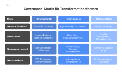 Eine Governance-Matrix, die Transformationsthemen wie Klimaneutralität mit Governance-Elementen wie Verantwortlichen, Schnittstellen und Steuerungsinstrumenten in einer Tabelle verknüpft.