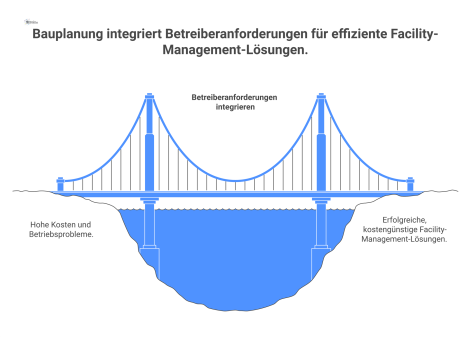 Prozessdiagramm, das den Idealprozess der Bauplanung mit früher Integration von Betreiberanforderungen dem Problemfall mit hohen Folgekosten gegenüberstellt.