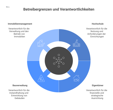 Ein Diagramm visualisiert vier Verantwortungsbereiche: Hochschule, Eigentümer, Bauverwaltung, Immobilienmanagement und deren Eskalationsprozesse, mit dem Facility Management als zentraler Schnittstell