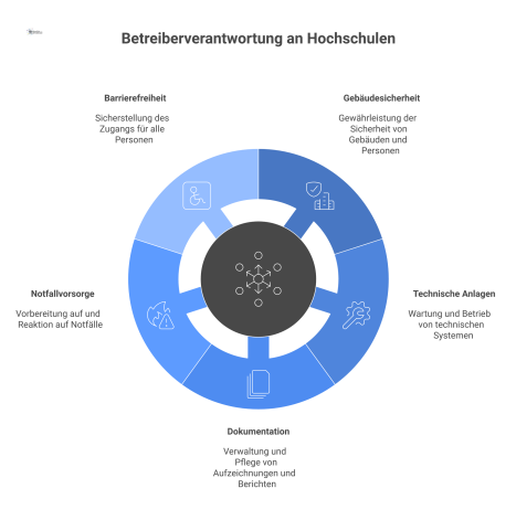 Diagramm der Betreiberverantwortung mit Facility Management im Zentrum, das die Kernbereiche Gebäudesicherheit, Anlagen, Dokumentation, Notfallvorsorge und Barrierefreiheit steuert.