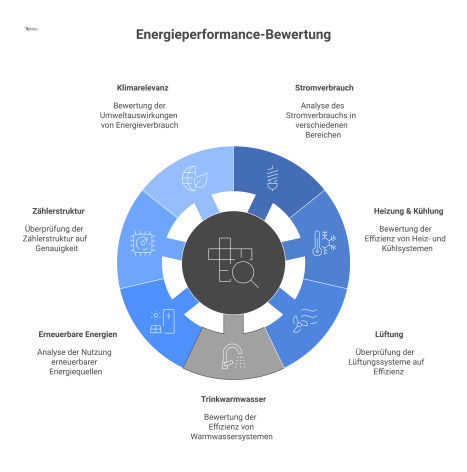 Infografik zur Energiebewertung mit sieben Kategorien: Stromverbrauch, Heizung, Kühlung, Lüftung, Trinkwarmwasser, Erneuerbare Energien, Zählerstruktur und Klimarelevanz.