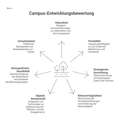 Mindmap zur Bewertung der Campus-Entwicklung mit sieben Hauptkriterien wie Robustheit, Flexibilität, strategische Ausrichtung und Klimaverträglichkeit.