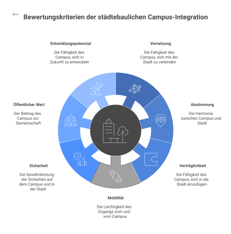 Mindmap über die Bewertungskriterien der städtebaulichen Campus-Integration mit dem zentralen Thema 'Campus & Stadt' und sieben Satelliten.