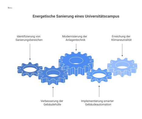 Infografik zur energetischen Sanierung eines Universitätscampus. Dargestellt sind Maßnahmen an Gebäudehülle wie Dämmung und an der Anlagentechnik.