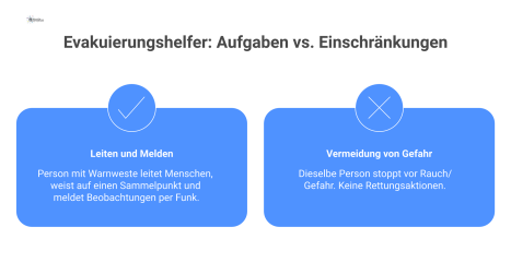 T-Chart-Infografik zu den Aufgaben und Tabus von Evakuierungshelfern, mit Piktogrammen für erlaubte und verbotene Handlungen während einer Evakuierung.