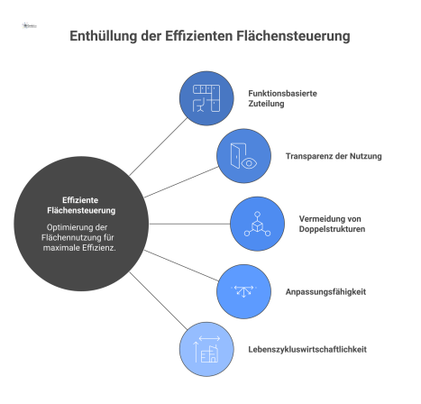 Hub-and-Spoke-Diagramm zur effizienten Flächensteuerung mit dem Zentrum 'Betrieblicher Nutzen & Arbeitsfähigkeit' und fünf Speichen, die Effizienzkriterien repräsentieren.