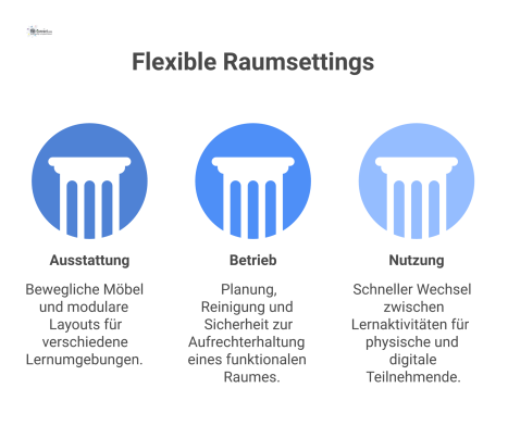 Konzeptdiagramm mit dem multifunktionalen Raum im Zentrum, verbunden mit den Hauptanforderungen Ausstattung, Betrieb und Nutzung für flexible hybride Lehre. 