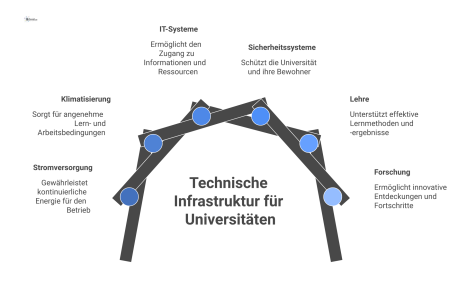 Diagramm, das die technische Infrastruktur als Fundament zeigt, welches die Säulen Lehre und Forschung einer Universität stützt. 