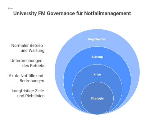 Diagramm der University FM Governance, das die Ebenen von Regelbetrieb bis Krise und die Zuständigkeiten verschiedener universitärer Akteure darstellt. 