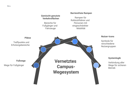 Infografik, die das vernetzte Wegesystem eines Campus mit Fußwegen, Plätzen, Verkehrsflächen und barrierefreien Rampen für verschiedene Nutzer zeigt.