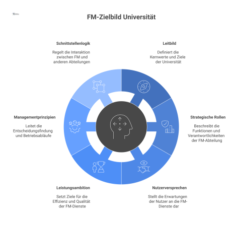 Ein Hub-and-Spoke-Diagramm mit 'FM-Zielbild Universität' im Zentrum, von dem sechs Speichen zu den Kernelementen ausgehen.