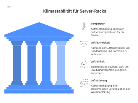 Infografik zur Klimastabilität für Server-Racks, die die vier Säulen Temperatur, Luftfeuchte, Luftreinheit und Luftströmung mit Sensoren und Dashboard darstellt.