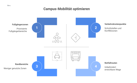Diagramm eines Mobilitätsmasterplans mit getrennten Wegen für Fußgänger, Radfahrer und Verkehr, das Schnittstellen und randständige Parkzonen zeigt.