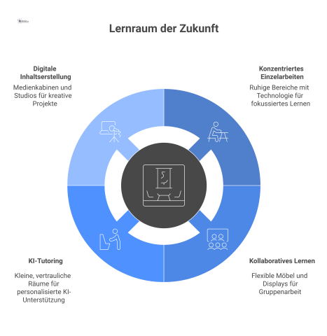 Infografik eines KI-gestützten Lernraums mit den vier Kernbereichen: Einzelarbeit, kollaboratives Lernen, KI-Tutoring und digitale Inhaltserstellung. 