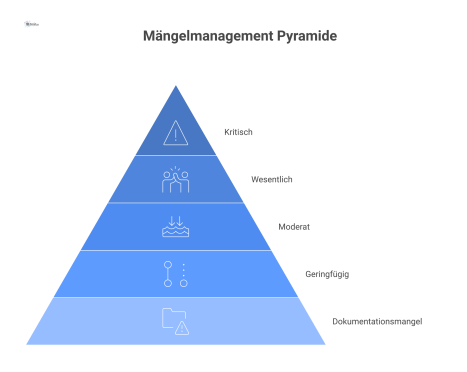 Infografik zum Mängelmanagement, die eine Pyramide mit fünf Dringlichkeitsklassen zeigt, umgeben von einem Prozessfluss mit sieben Schritten.