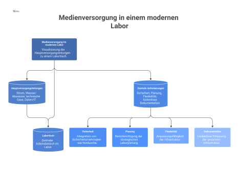 Infografik der Medienversorgung eines Labortisches mit Strom, Wasser, technischen Gasen und Daten, inklusive Symbolen für Sicherheit, Planung und Flexibilität.