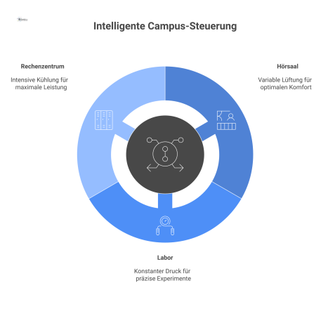 Infografik einer modernen Leittechnik, die als zentraler Hub die Bereiche Hörsaal, Labor und Rechenzentrum eines intelligenten Campus effizient steuert.