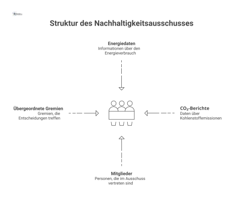 Diagramm, das den Nachhaltigkeitsausschuss als zentrale Governance-Einheit mit Informationsflüssen, beteiligten Mitgliedern und Verbindungen zu übergeordneten Gremien visualisiert. 