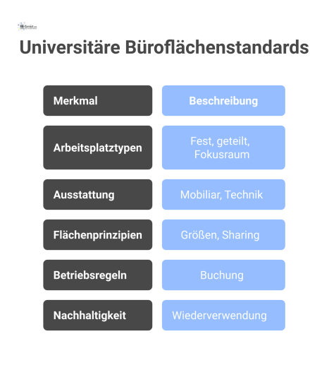 Infografik über universitäre Büroflächenstandards, welche die Hauptkategorien Arbeitsplatztypen, Ausstattung, Flächenprinzipien, Betriebsregeln und Nachhaltigkeit visuell aufbereitet.
