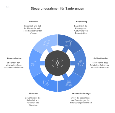 Diagramm eines operativen Steuerungsrahmens mit dem zentralen Knotenpunkt Facility Management, der sechs Kernbereiche wie Bauplanung, Gebäudebetrieb und Sicherheit verbindet.