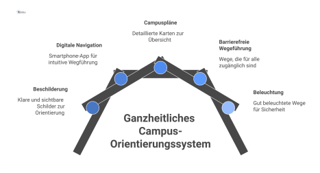 Infografik eines Campus-Orientierungssystems mit Icons für Beschilderung, digitale Navigation, Pläne, Barrierefreiheit und Beleuchtung, die durch Pfeile verbunden sind. 