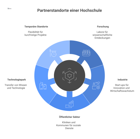 Hub-and-Spoke-Diagramm mit der Hochschule im Zentrum und fünf Zweigen zu Partnerstandorten in Forschung, Industrie, öffentlichem Sektor und weiteren Bereichen.