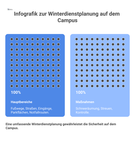 Infografik über den Winterdienstplan eines Universitätscampus, die Maßnahmen wie Schneeräumung und Streuen in verschiedenen Bereichen wie Fußwegen und Straßen darstellt.