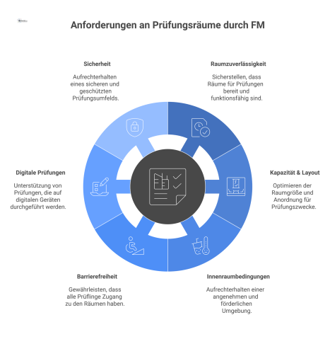 Infografik mit einem zentralen Hub für Prüfungsraumanforderungen und sechs verbundenen Knotenpunkten, die Kernverantwortungen wie Sicherheit und Barrierefreiheit darstellen.