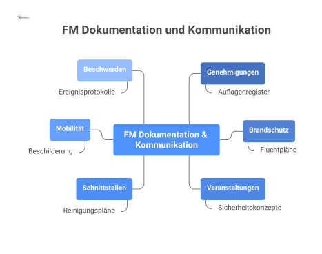 Mindmap mit dem zentralen Thema 'FM Dokumentation & Kommunikation' und sechs Ästen für Genehmigungen, Brandschutz, Veranstaltungen, Schnittstellen, Mobilität und Beschwerden.