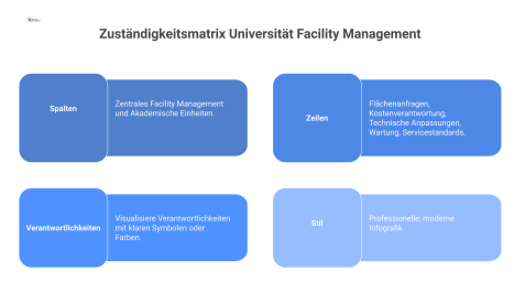 Eine Zuständigkeitsmatrix, die Verantwortlichkeiten zwischen dem zentralen Facility Management und akademischen Einheiten für Aufgaben wie Flächenanfragen und Wartung visualisiert.