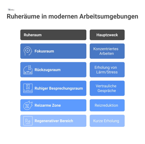 Infografik, die fünf Typen von Ruheräumen in einer modernen Arbeitsumgebung und ihren jeweiligen Hauptzweck mithilfe von Icons visualisiert.