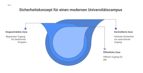  Infografik eines Sicherheitskonzepts für einen Universitätscampus, das öffentliche, eingeschränkte und kontrollierte Zonen sowie Sicherheitselemente wie Kameras darstellt.