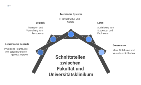  Infografik der operativen Schnittstellen und Überlappungen zwischen Medizinischer Fakultät und Universitätsklinikum, die den Bedarf an klarer Governance verdeutlicht. 