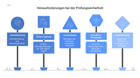 Infografik zeigt einen kontrollierten Prüfungsbereich mit Zonen für Identitätsprüfung, Taschenabgabe, sichere Lagerung und kontrollierte Bewegungswege.