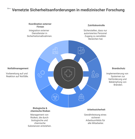Diagramm mit 'Sicherheit' im Zentrum, umgeben von sechs Bereichen wie Zutrittskontrolle und Brandschutz, die durch Facility Management integriert werden. 